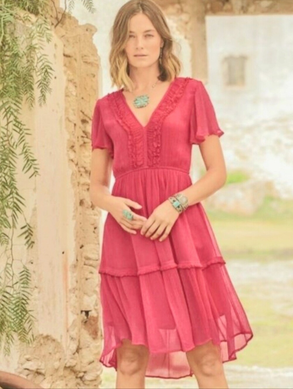 Sundance Dress, Size S, Coral Pink, Chiffon, Ruching, Ruffle, Flutter